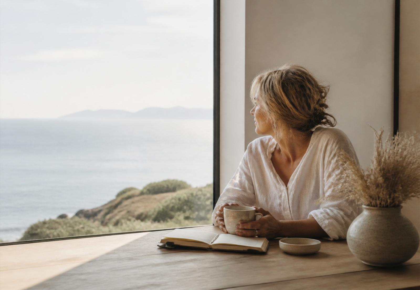 A woman by a window in soft California morning light, holding a warm mug and looking toward the ocean